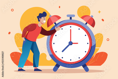 Person adjusting a large alarm clock surrounded by colorful leaves and a bright sky