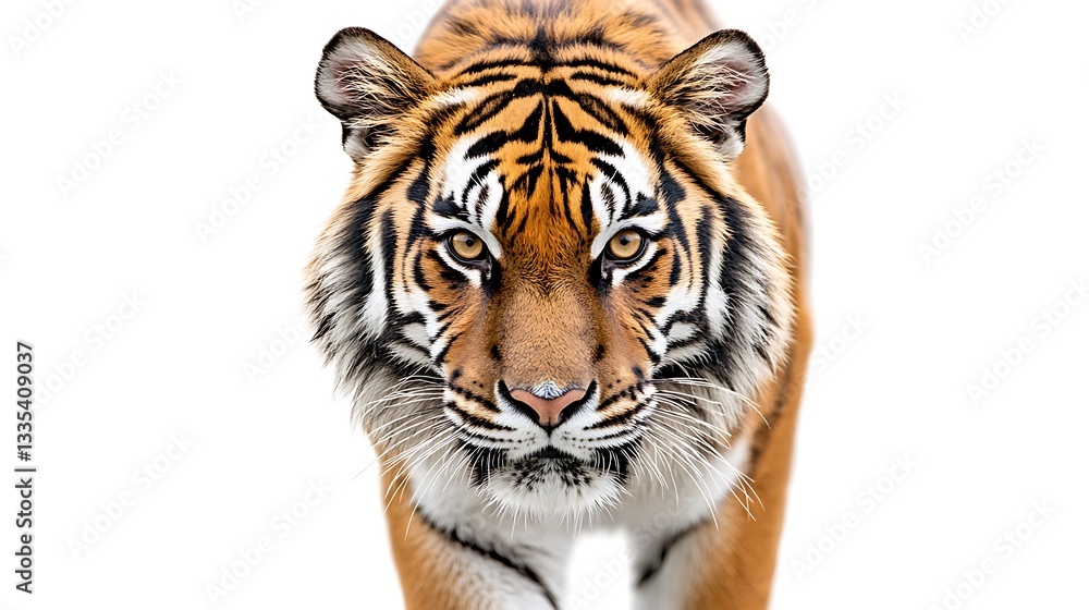 Naklejka premium Majestic tiger portrait, intense gaze, isolated.