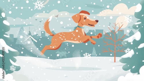 Happy Dog Leaping Through Snowy Winter Landscape