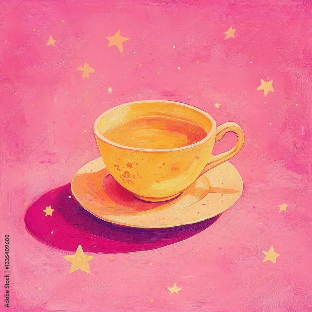 Fototapeta premium A yellow teacup and saucer sit surrounded by glowing stars