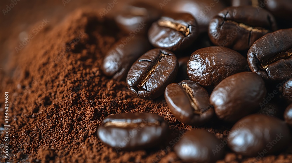Dark roasted coffee beans rest on a bed of fresh ground coffee Dark roasted coffee beans rest on a bed of fresh ground coffee