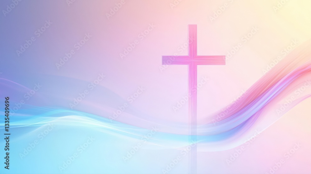 Obraz premium A minimalist design of a cross with soft pastel light flowing across the background, creating a serene and spiritual atmosphere, ideal for a church or religious website.