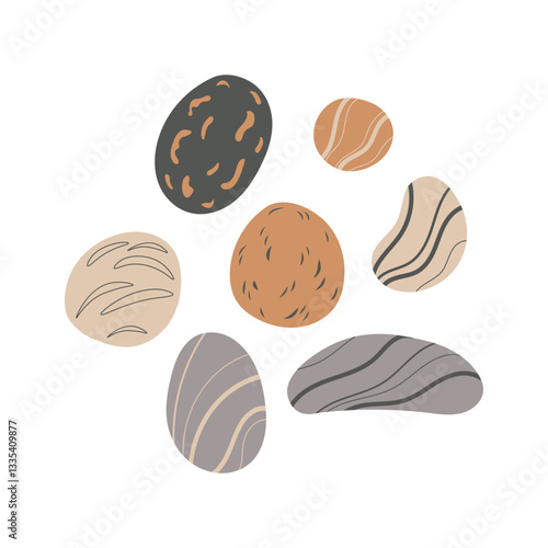 Sea river stones on isolated background. Hand drawn vector set with coloured pebbles breccia in flat style. Shingle, underwater world, nature, seacoast, spa. Design for card, paper, logo, sign, decor