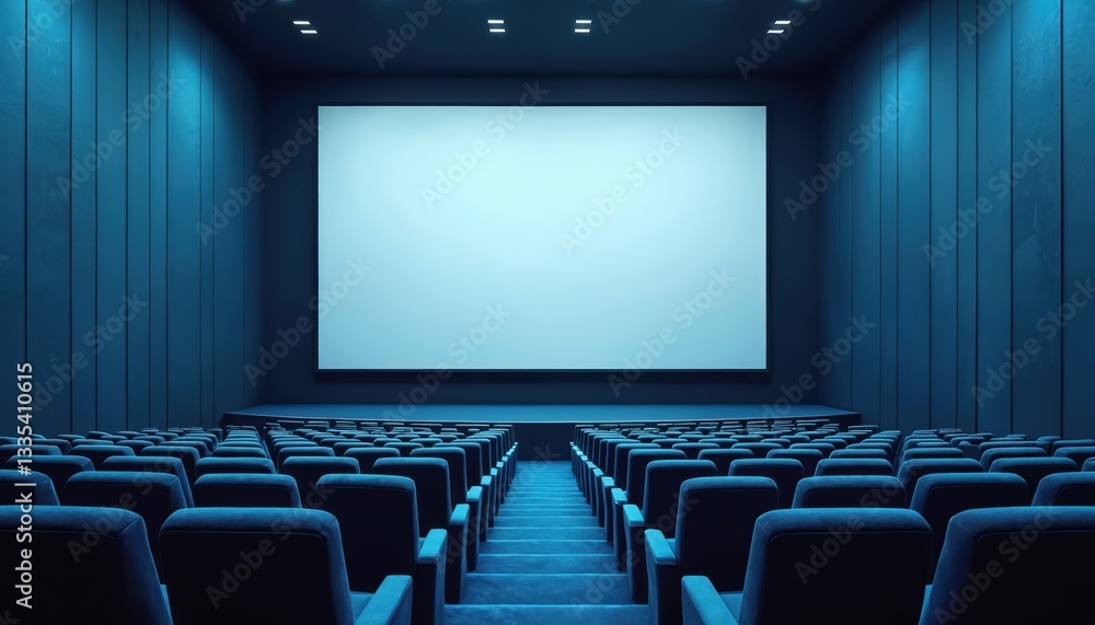 Fototapeta premium Empty dark blue cinema auditorium with white screen mockup, seating. Realistic modern movie theater, film presentation with comfortable seats rows. Interior design of roomy screening projection for