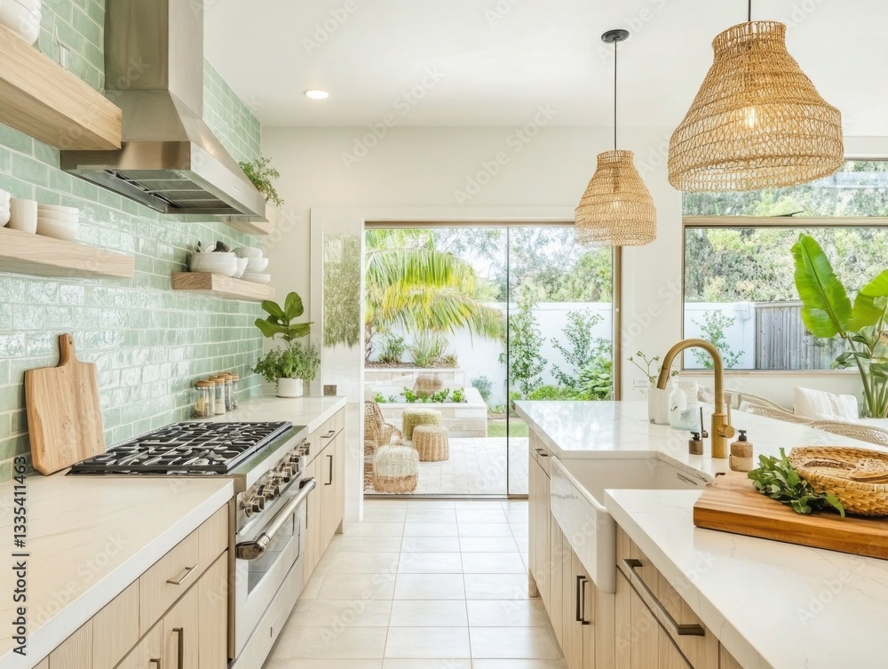 Modern kitchen interior with open access to an outdoor green area Modern kitchen interior with open access to an outdoor green area