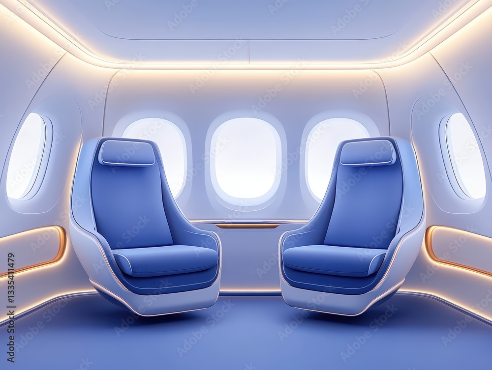 Fototapeta premium Modern airplane interior featuring two blue passenger seats and large windows