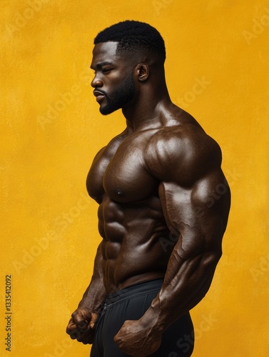 A person with well-developed physique posing against a bright yellow surface