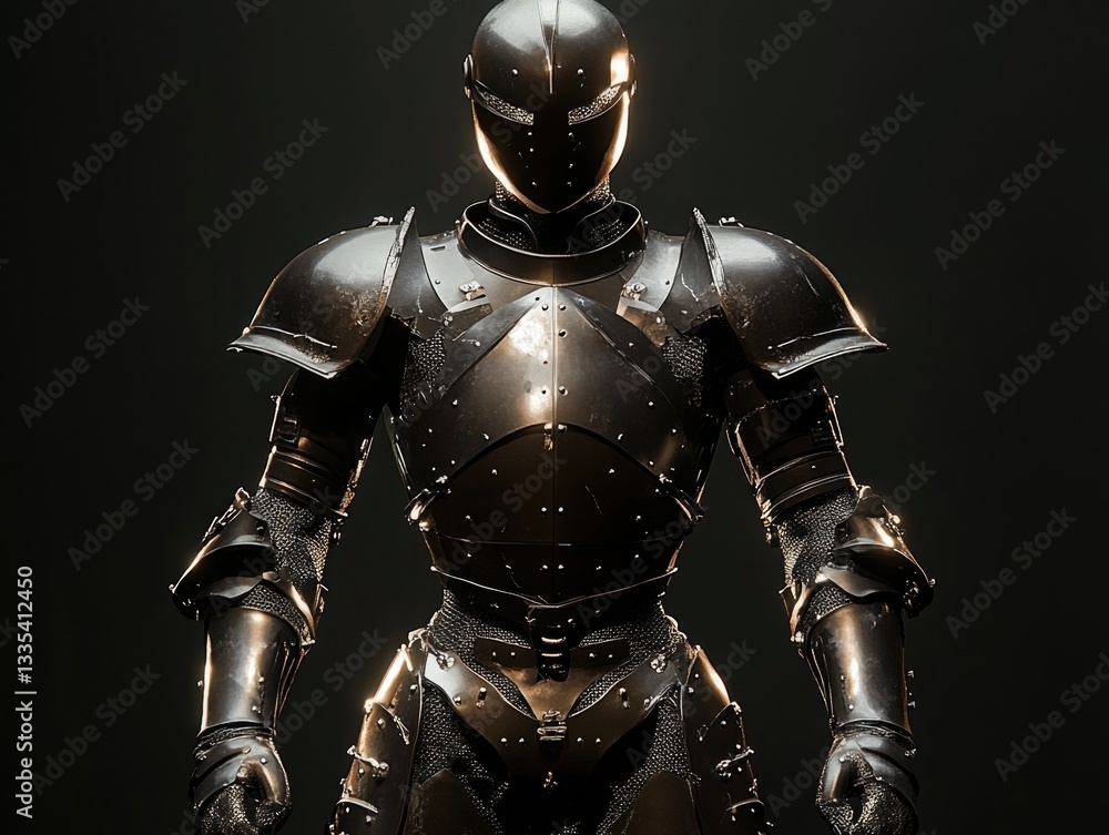 A close-up shot of a person wearing a medieval-style suit of armor, with details visible on the helmet and shoulder armor A close-up shot of a person wearing a medieval-style suit of armor, with details visible on the helmet and shoulder armor