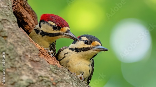 Two Young Woodpeckers in Tree Hole, Soft Green Background