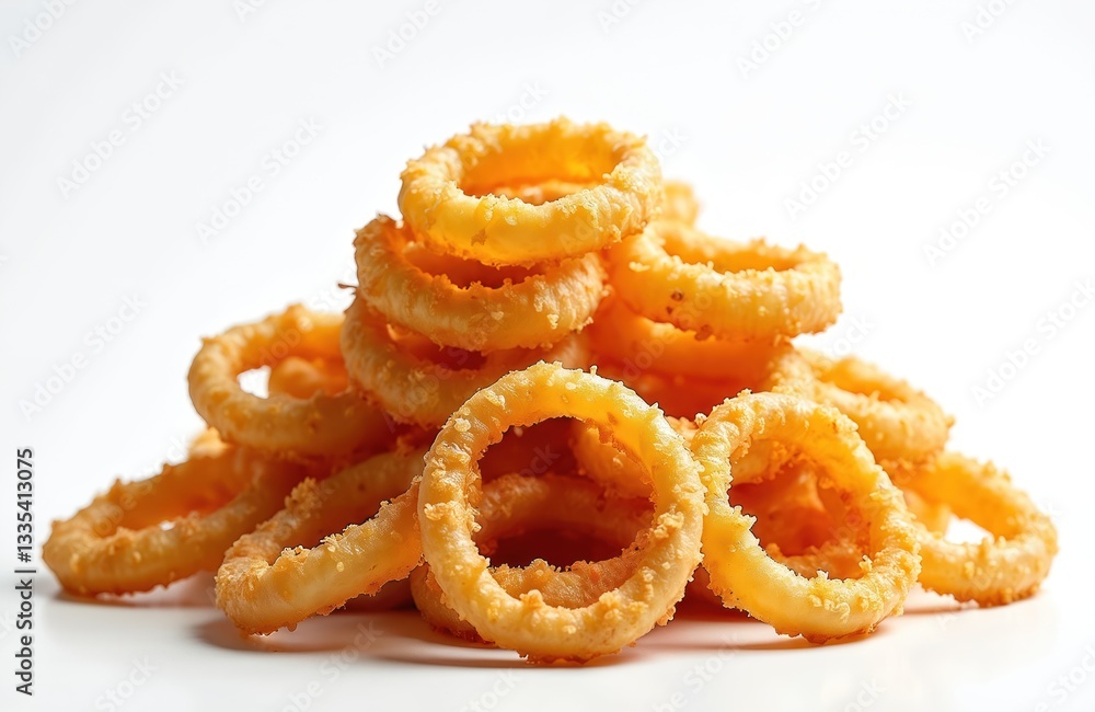 Tower of golden crispy onion rings on white surface. Savory snack appetizer served with dipping sauce. Unhealthy junk food, but delicious comfort food. Perfect appetizer for sports game watch party. Tower of golden crispy onion rings on white surface. Savory snack appetizer served with dipping sauce. Unhealthy junk food, but delicious comfort food. Perfect appetizer for sports game watch party.