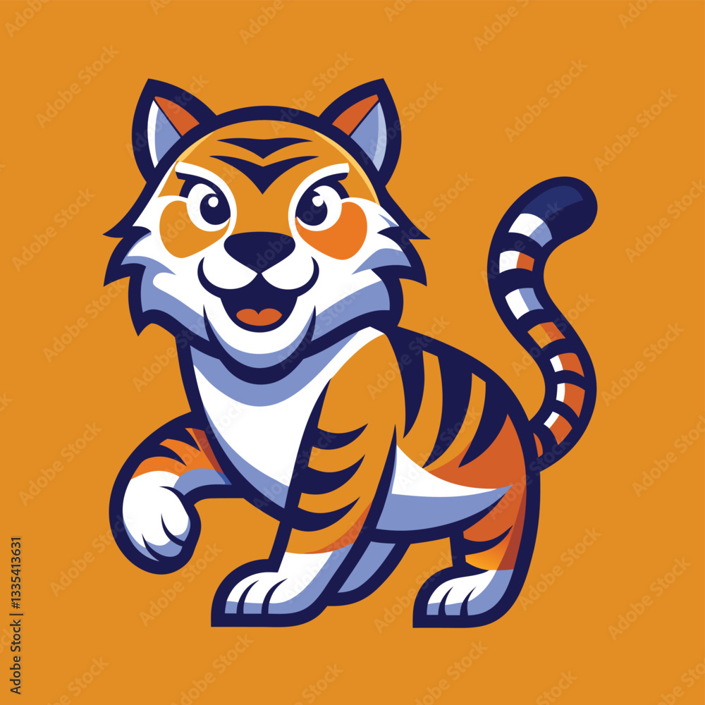 Vector illustration of a cheerful tiger logo in bright colors on an orange background capturing the essence of playfulness and energy Vector illustration of a cheerful tiger logo in bright colors on an orange background capturing the essence of playfulness and energy