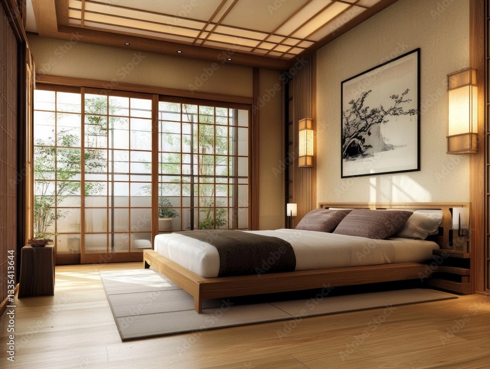 Fototapeta premium A serene modern bedroom with wooden elements and natural lighting