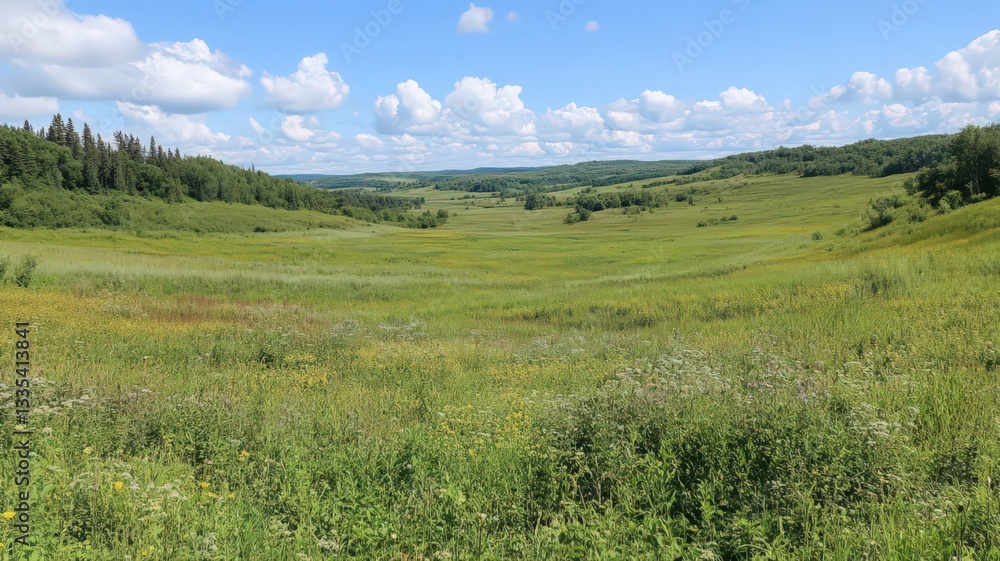 Fototapeta premium Vast Summer Meadow with Wildflowers under Partly Cloudy Sky