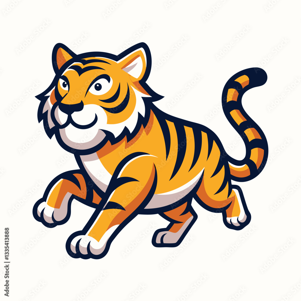 Vector illustration of a cheerful tiger logo in bright colors on an orange background capturing the essence of playfulness and energy Vector illustration of a cheerful tiger logo in bright colors on an orange background capturing the essence of playfulness and energy