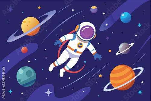Colorful vector illustration of an astronaut floating in a vibrant and dynamic space scene surrounded by planets and stars