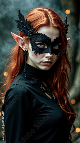 A fantasy portrait of a young woman with red hair and pointed elf-like ears, with an elegant black masquerade mask, a dark shirt, and matching black jewelry, with smoke and forest in the background 