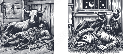 Resting in Harmony: A Cowboy Sleeps Peacefully in a Cowshed, With a Cow by His Side, A Love Story Engraved in Linocut and Bold Design cowboy sleeping, cow sleeping, love theme, detailed engraving