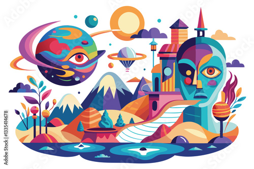Colorful surreal landscape with whimsical structures and vibrant elements in a dreamlike world filled with creativity