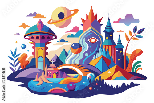 Colorful surreal landscape with whimsical structures and vibrant elements in a dreamlike world filled with creativity