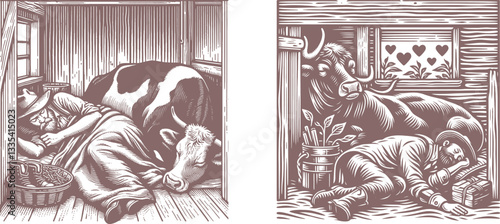 old color Resting in Harmony: A Cowboy Sleeps Peacefully in a Cowshed, With a Cow by His Side, A Love Story Engraved in Linocut and Bold Design 