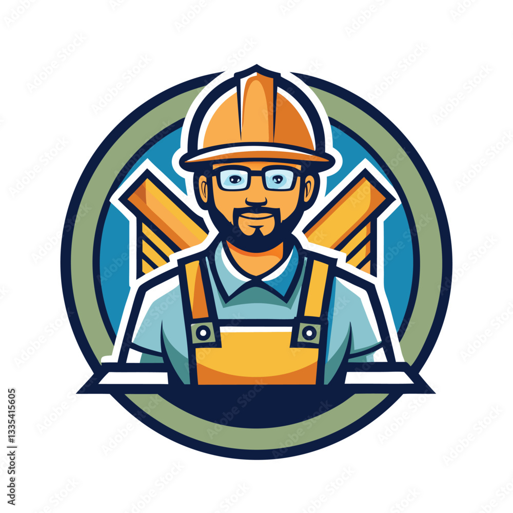 Vector illustration of a construction worker with a hard hat, showcasing urban buildings in the background to represent the construction industry Vector illustration of a construction worker with a hard hat, showcasing urban buildings in the background to represent the construction industry