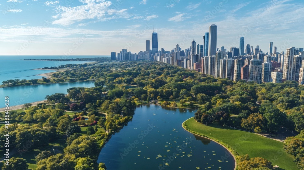 Obraz premium Aerial view of a city with park and water nearby