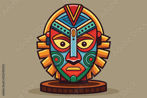 Colorful vector illustration of a tribal mask showcasing intricate patterns and details, designed for artistic and cultural representation purposes