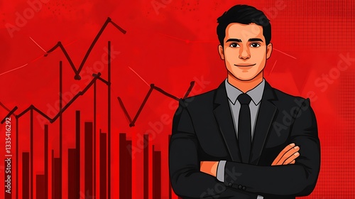 Confident businessman with financial charts.