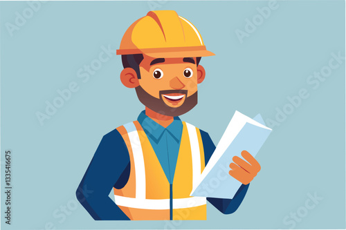Skilled worker in hard hat and safety vest reviewing blueprints at construction site during daytime