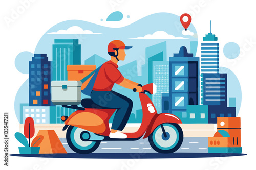 Delivery rider on a scooter navigating through an urban cityscape filled with tall buildings during daytime