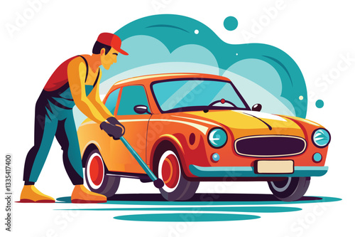Car detailing service performed by a technician on a bright orange vehicle with a modern design in a clean environment