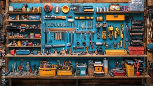 Organized workshop tools on teal wall shelves
