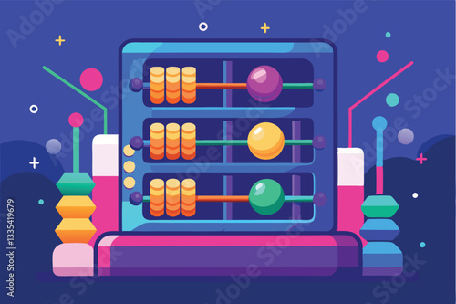 Colorful vector illustration of an abacus design featuring playful shapes and vibrant colors against a deep blue background