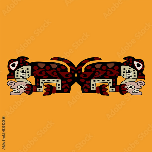 Symmetrical ethnic animal ornament with two cats holding human heads. Native American design from ancient Peru. Wari or Huari Andean culture. 