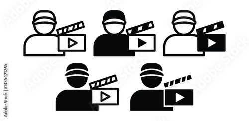 Film Director Clapperboard and Play Button Symbols Icon Black and White Color Vector Design Illustration Set
