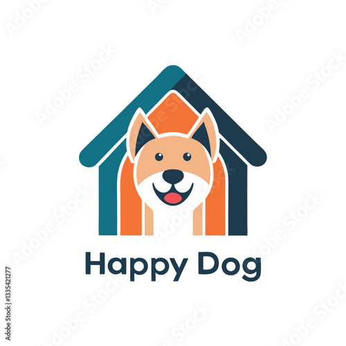 Vector illustration of a cheerful dog logo with a colorful doghouse design representing joy and companionship