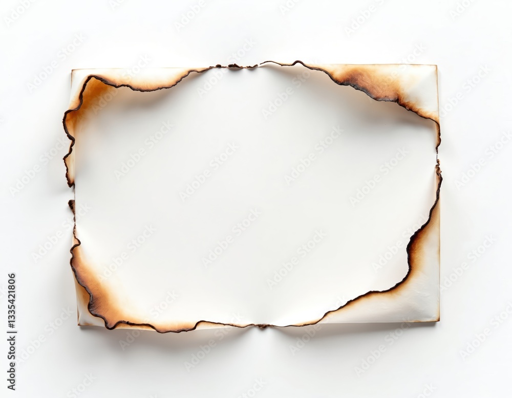 Burnt paper edge with fire marks isolated on white background. Burned half parchment frame texture with dark pattern, hole, stain, blank space for text message. Burnt paper edge with fire marks isolated on white background. Burned half parchment frame texture with dark pattern, hole, stain, blank space for text message.