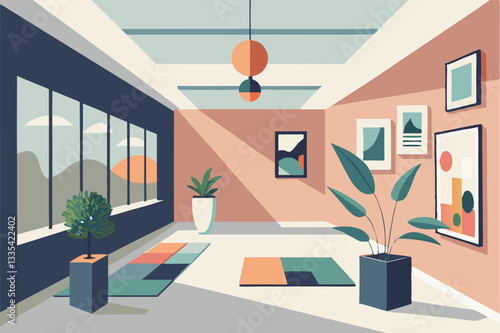 Modern art gallery interior featuring colorful artwork and natural light with plants enhancing the creative atmosphere
