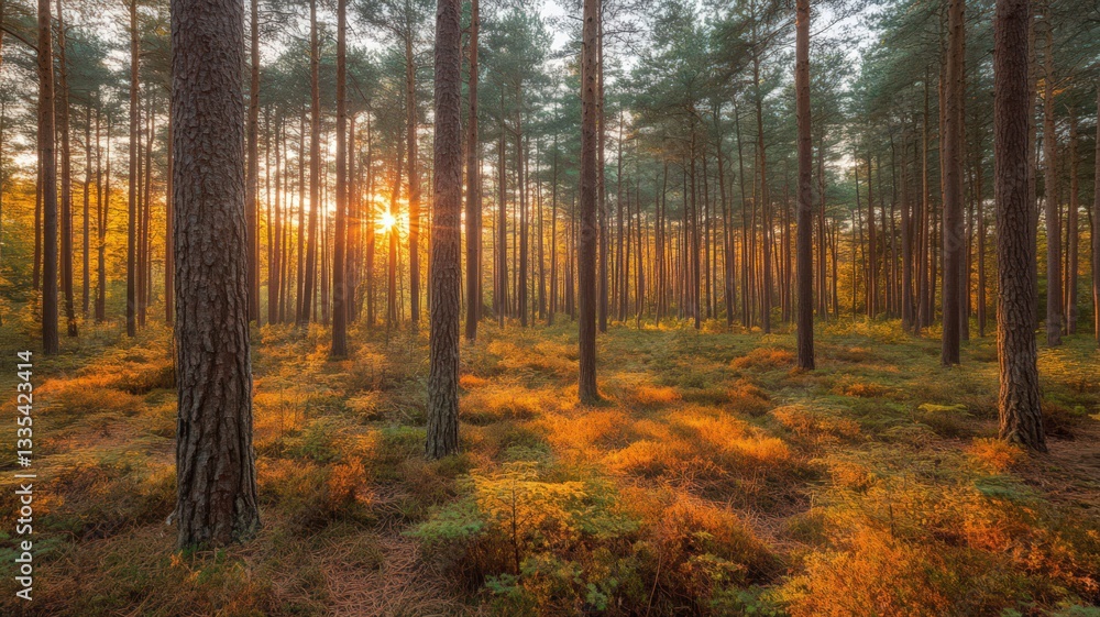 Fototapeta premium Autumn Sunset in a Pine Forest