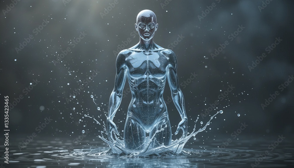 Fototapeta premium On a blue gradient background, a silhouette of a running man filled with blue water represents concepts of sport, fitness hydration, healthy living, or wellness.