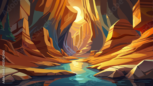 vector of hidden canyon with smooth, sculpted rock walls, a winding stream flowing through, and shafts of golden light filtering from above.
