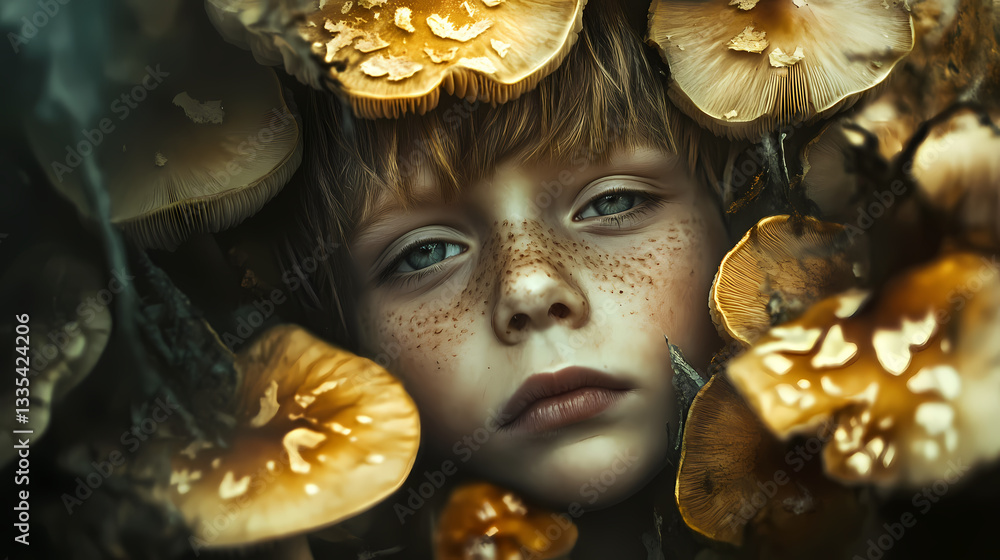 Mushroom boy: a surreal child's portrait. Mycelial Dream. Illustration Mushroom boy: a surreal child's portrait. Mycelial Dream. Illustration