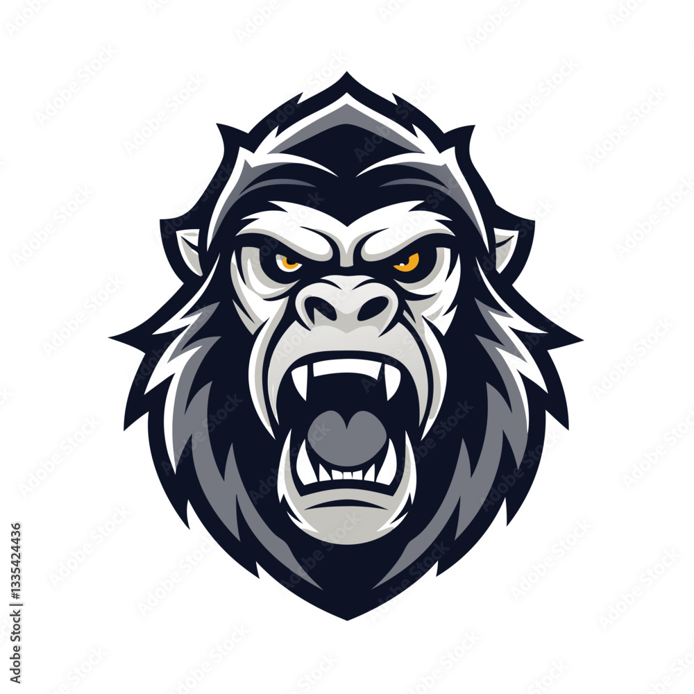 Illustration of a fierce gorilla head logo with bold colors and sharp features designed for sports or gaming teams Illustration of a fierce gorilla head logo with bold colors and sharp features designed for sports or gaming teams