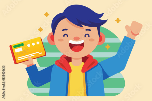 Excited young man celebrating with a card in hand while wearing a green cap and shirt, expressing joy and enthusiasm