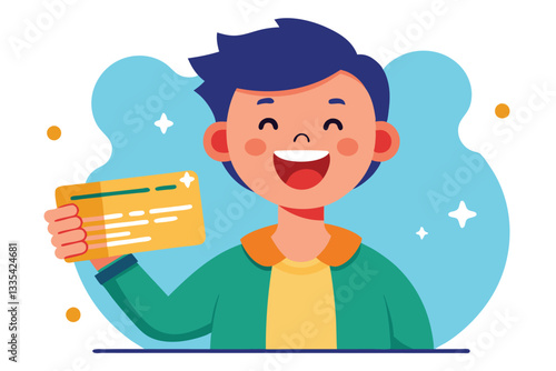 Excited young man celebrating with a card in hand while wearing a green cap and shirt, expressing joy and enthusiasm