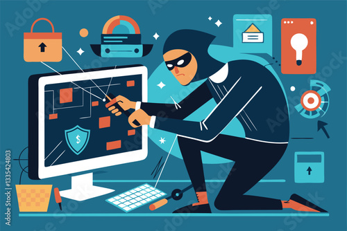 Cybersecurity breach with hacker using computer to access sensitive information while avoiding detection