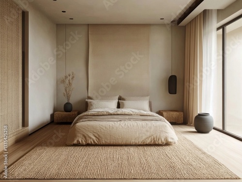 A Modern Bedroom Interior Featuring Soft Textures and Natural Light