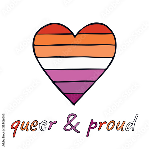 Colorful heart shape Lesbian pride flag Happy pride day LGBTQIA community Pride Month Vector hand drawn doodle for posters, stickers, logo, cards