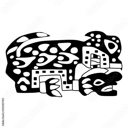 Fantastic monster cat holding human head. Native American design from ancient Peru. Wari or Huari Andean culture. Black and white silhouette.