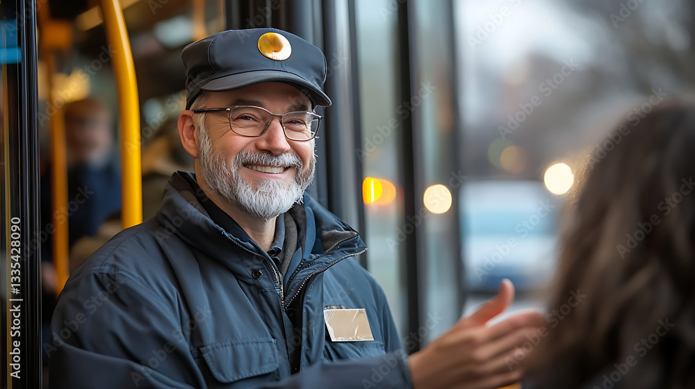 Senior transit operator smiling inside public bus. Experienced public transport driver committed to safety and efficiency. Urban mobility, public transit and customer service in transportation Senior transit operator smiling inside public bus. Experienced public transport driver committed to safety and efficiency. Urban mobility, public transit and customer service in transportation